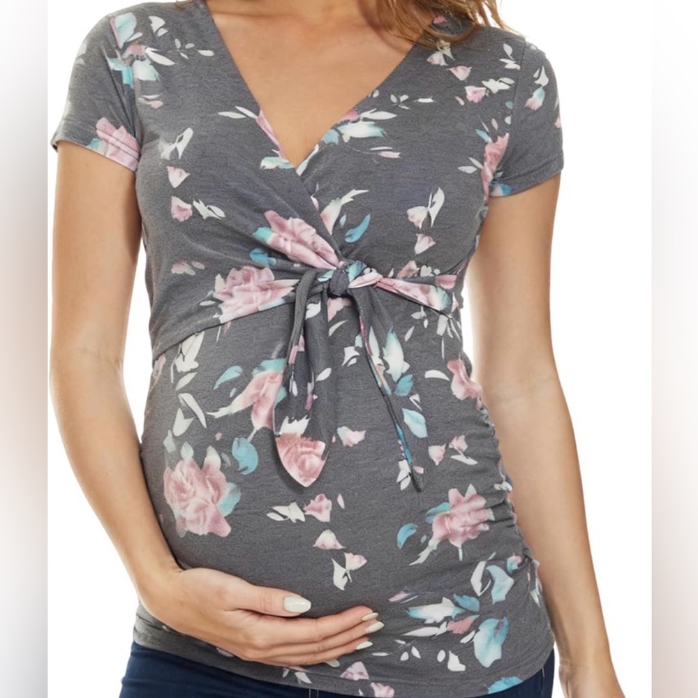 Soft & Comfy Maternity Gray Floral Wrap Top - XL